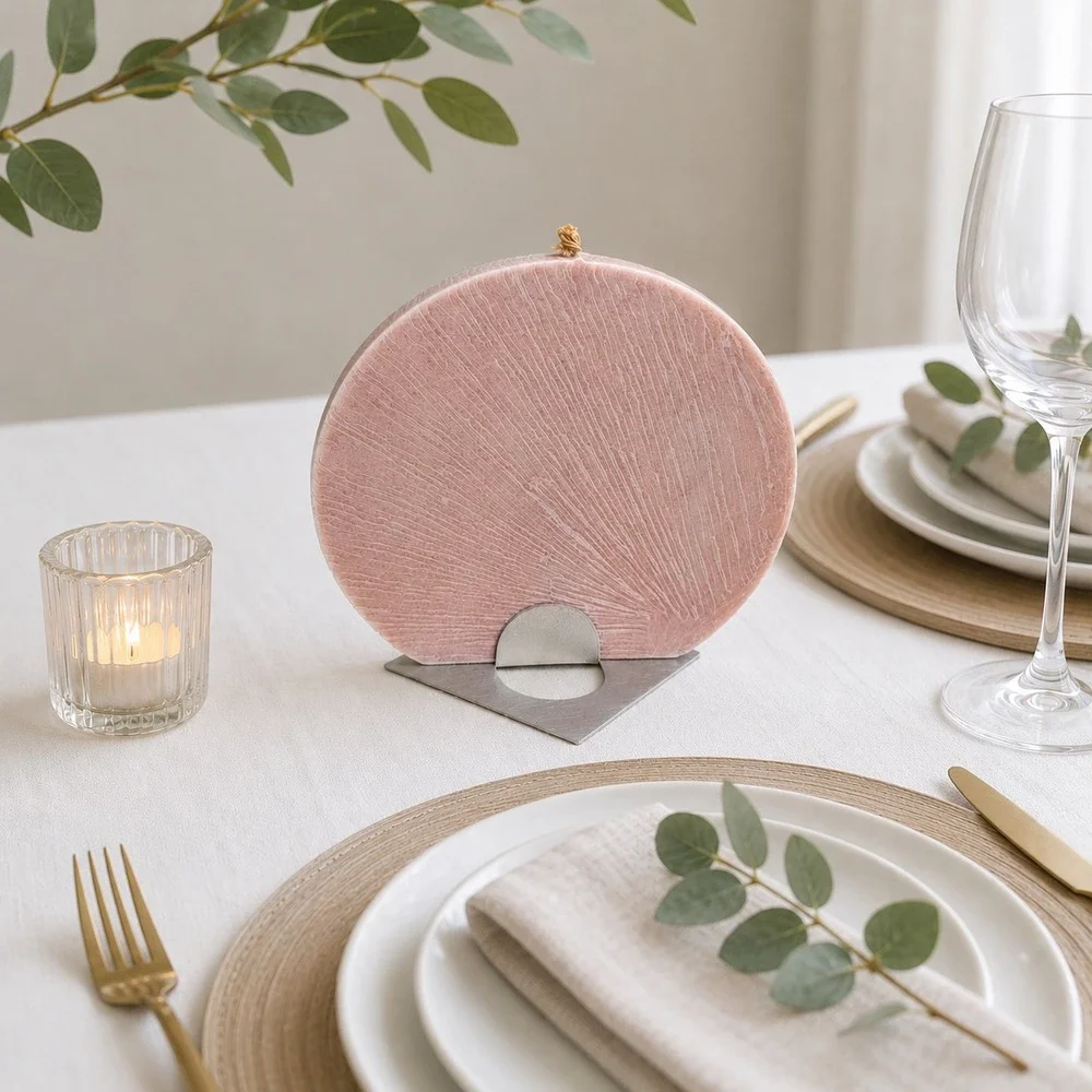 Klaner Geo Kerze Disc Candle with Aluminum Stand Pink Geometric Art Deco Austria